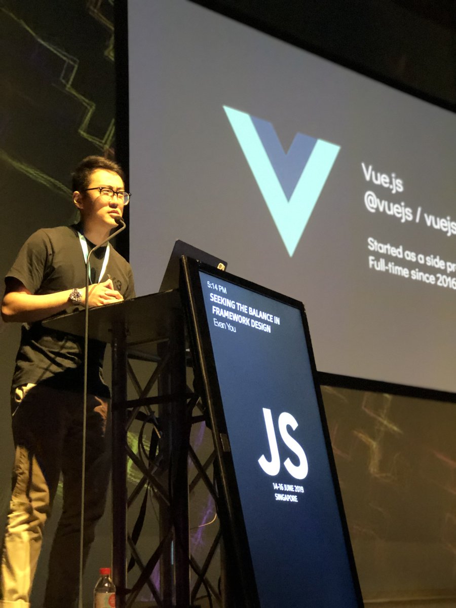 Have you been looking forward to this? 😉 We’ve got Evan You (<a href="/youyuxi/">Evan You</a> ) creator of  <a href="/vuejs/">Vue</a>  speaking at #jsconfasia today on seeking the balance in framework design 💥