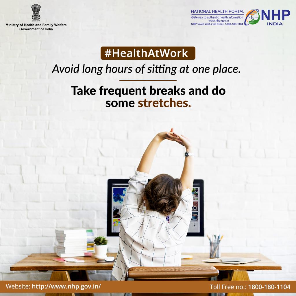 NHPINDIA's tweet photo. Sitting continuously in the same posture can be dangerous. Take small walks in between to improve blood circulation. #HealthAtWork #SwasthaBharat https://t.co/Ek44SSepPU