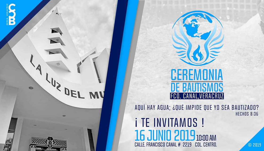 BereaVeracruz's tweet photo. ¡TE INVITAMOS!
CEREMONIA DE BAUTISMOS -
El día 16 de Junio 2019, 10:00 AM.
Francisco Canal, Veracruz.
Calle Francisco Canal # 2219 Col. Centro.
¡TU TIEMPO HA LLEGADO !
#BereaVeracruz
#LLDM
#LDMBautismos
#BereaInternacional
"Unidos, porque la Iglesia merece lo mejor" https://t.co/It01UcE0oW