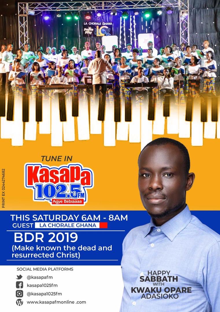 LachoraleGhana's tweet photo. We are live now on @kasapafm ; tune in and listen soul soothing choral songs on Happy Sabbath with @oparedawuro . Stay tuned. @quo_ffy @sethdonkor @ComedianOB @gyasi_abigail @pastorjoe4 @atobrahasiamah . #BDR19 https://t.co/voGgtNijtE