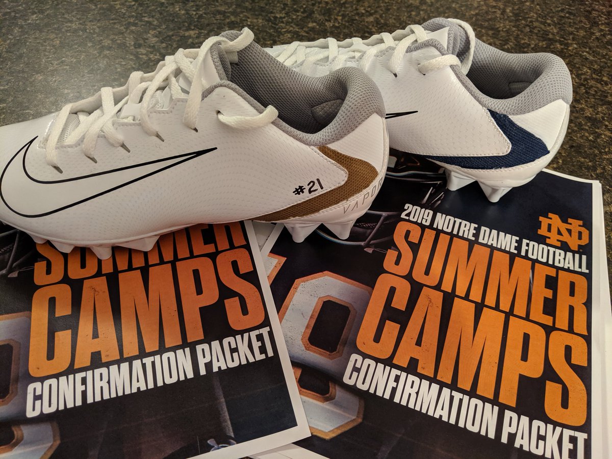 Steenbekesp's tweet photo. Got the shoes ready for camp on Sunday. #NotreDame https://t.co/PoPagPzxOf