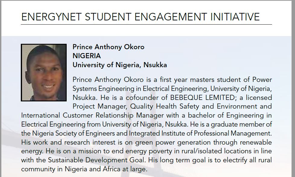 BebequeLtd's tweet photo. One of our co-founders, Prince Anthony Okoro made the EnergyNet Student Engagement Initiative 2019 list of the Africa Energy Forum conference held at Lisbon, Portugal from 11th to 14th July, 2019. https://t.co/zV0kdbVIh1