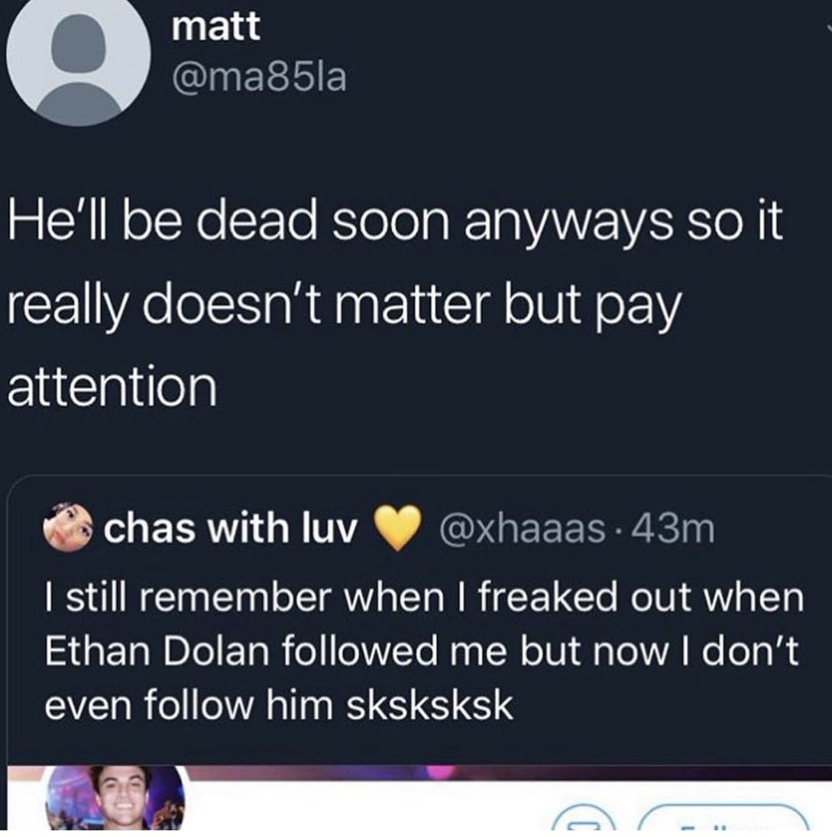 Crazy4Dolans__'s tweet photo. Report @/ma85la! He is sending death threats to Ethan! We don’t know if this guy is joking or not! #alertgraysondolan #alertethandolan @GraysonDolan @EthanDolan guys PLEASE stay safe!!! PLEASE!!! https://t.co/WLpntEc1gi
