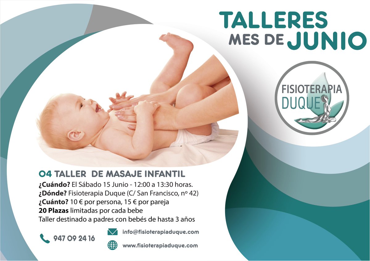 FisioDuqueBur's tweet photo. ¡Os esperamos hoy!

ℹ"Taller de masaje infantil para padres y sus bebés de 1 a 3 años"
��Sábado 15 de Junio
⏰12:00 -13:30 h
🗺En nuestra clínica (Calle San Francisco, nº42, bajo)
📞947 09 24 16
 👆20 plazas

¡Os esperamos!

#CuidamosTuCuerpo
#Fisioterapiapediátrica https://t.co/bZi07Xl1FP