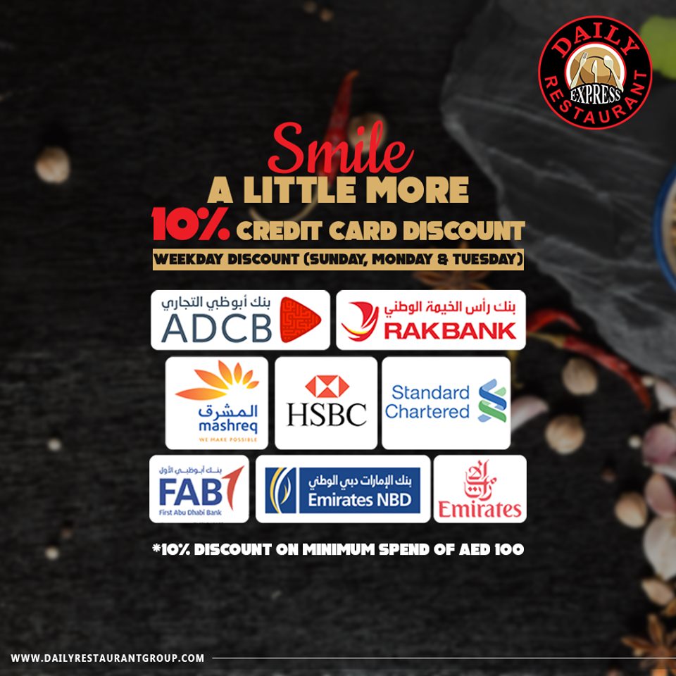 Dailyrestaurant's tweet photo. To get you to grin a lot more, we are bringing you a 10% CREDIT CARD DISCOUNT on WEEKDAYS, so stress less and eat all that you want to!!
For orders and inquiries
Call us now at: 600500969
#dailyrestaurant #Dubai #UAE #LovinDubai #weekdays #EatAllYouWant
#SmileItsTheWeekend https://t.co/n9O235mDNm