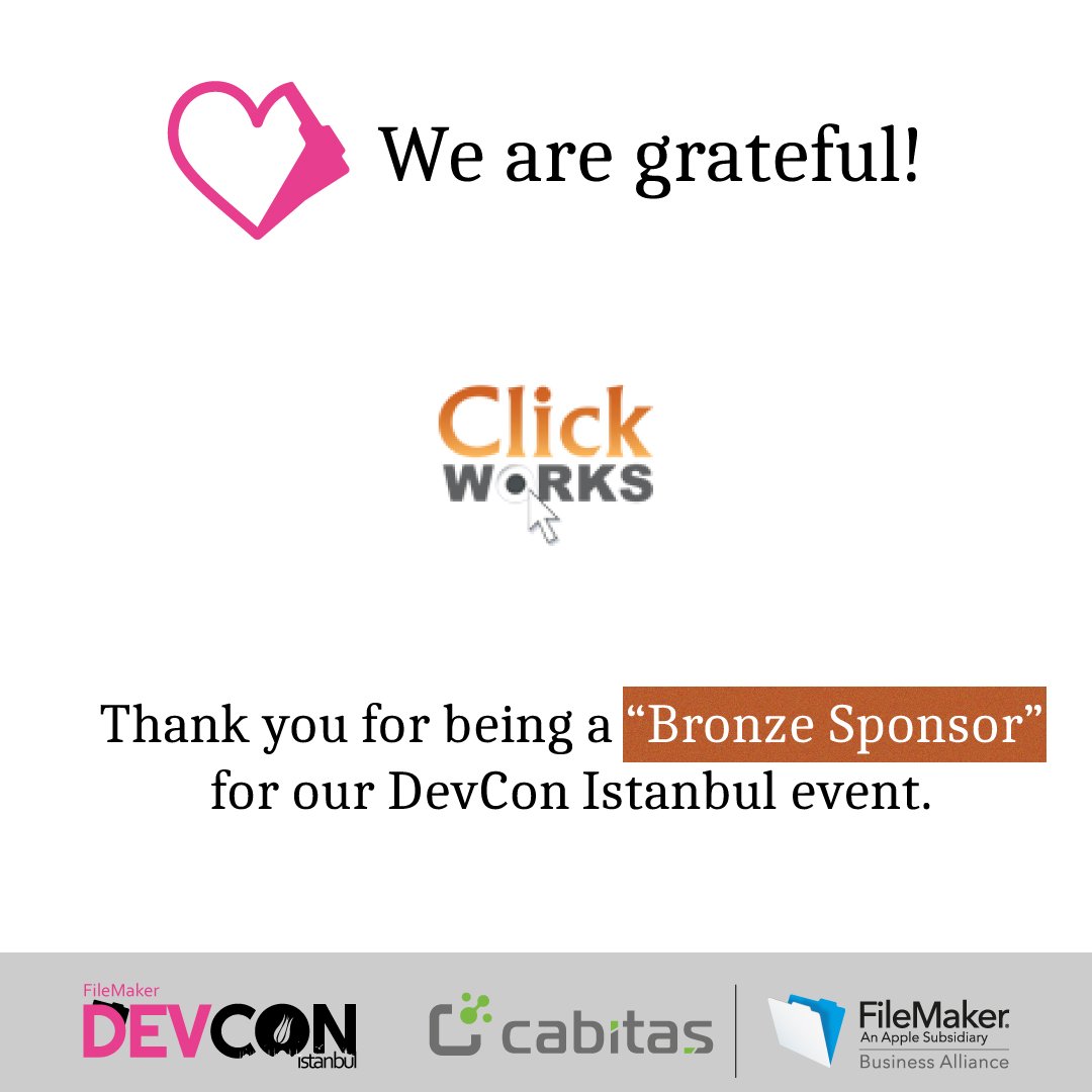 devconist's tweet photo. We are grateful to @clickworks_eu being a "bronze sponsor" for our #FileMaker #DevCon event! #devconist #FileMakerDevCon @filemaker https://t.co/P8JJeoqocJ