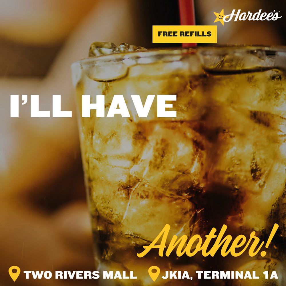 HardeesKenya's tweet photo. You asked for FREE RE-FILLS, and we said why not! Quench your thirst with every sip… only at @HardeesKenya! 😃⭐😎⭐🥤⭐🍔⭐😋

Locations: 🏬 #TwoRiversKE ✈️ #JKIATerminal1A (24h)

🛵 by @UberEats >> https://t.co/9f7VTIRWti

♥#Saturday ♥#FreeRefills ♥#Burgers ♥#HardeesKenya https://t.co/TLQVx2ofou