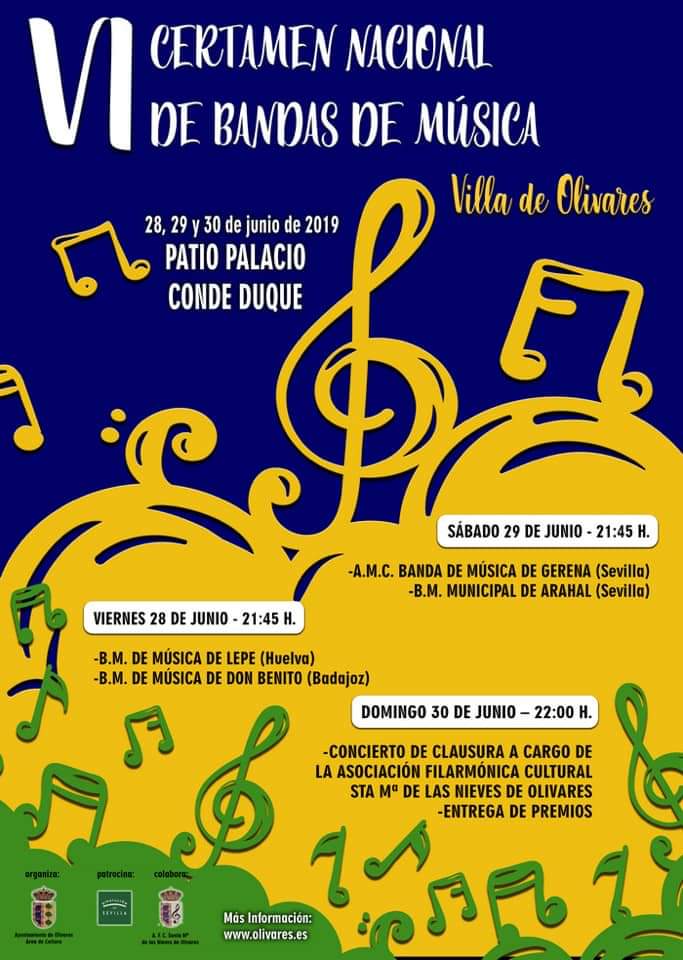 #Agenda ✔El próximo 29 de junio a las 21:45h en el Patio Palacio Conde Duque participaremos en Olivares <a href="/olivares_ayto/">Ayuntamiento de Olivares</a> (Sevilla) en el VI Certamen Nacional de Bandas de Música "Villa Olivares" <a href="/BandalasNieves/">Las Nieves de Olivares</a> junto a nuestros compañeros de @BMMGerena
#Arahal #MunicipalArahal