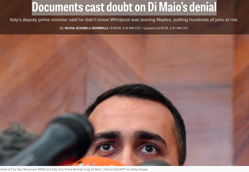 Ecco tradotta in italiano l'inchiesta di <a href="/POLITICOEurope/">POLITICOEurope</a> che dimostra quello diciamo da giorni: su #Whirlpool <a href="/luigidimaio/">Luigi Di Maio</a> ha mentito ai lavoratori e al Paese. Luigi o dimostri, in Aula, che non hai mentito oppure chiedi scusa e ti dimetti immediatamente: facebook.com/ccalenda/posts…