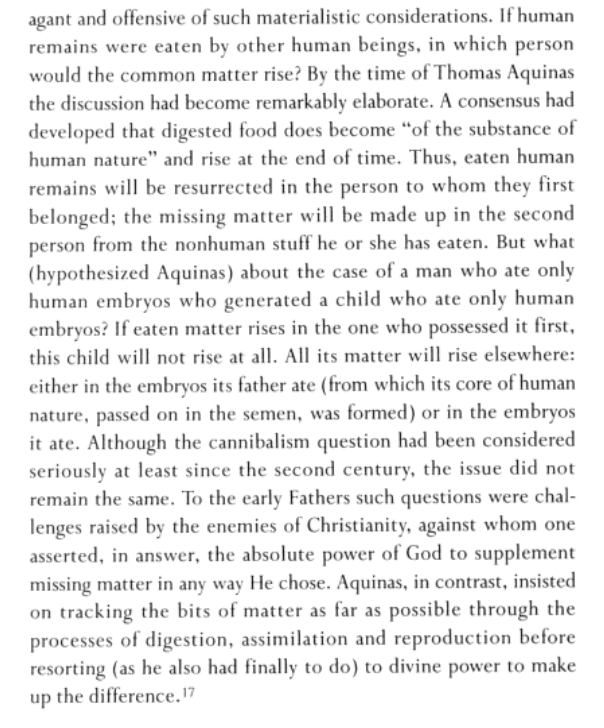 Aww this got popular. To answer a popular question: yes, they also asked about babies who were cannibals, or at least Aquinas did. This is a quote from Caroline Walker Bynum's Fragmentation and Redemption, p. 242. Her book Resurrection of the Body also discusses this.