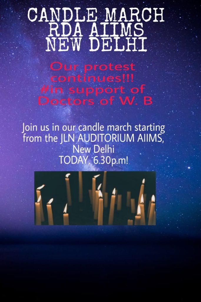 AIIMSRDA's tweet image. Join our peaceful protest for #noviolenceagainstdoctors Candlelight March today.. We request all medicos and non medicos who believe that workplace violence should not be tolerated to join us from JLN Auditorium, AIIMS campus at 6:30 pm @drharshvardhan @UnitedRda @FordaIndia