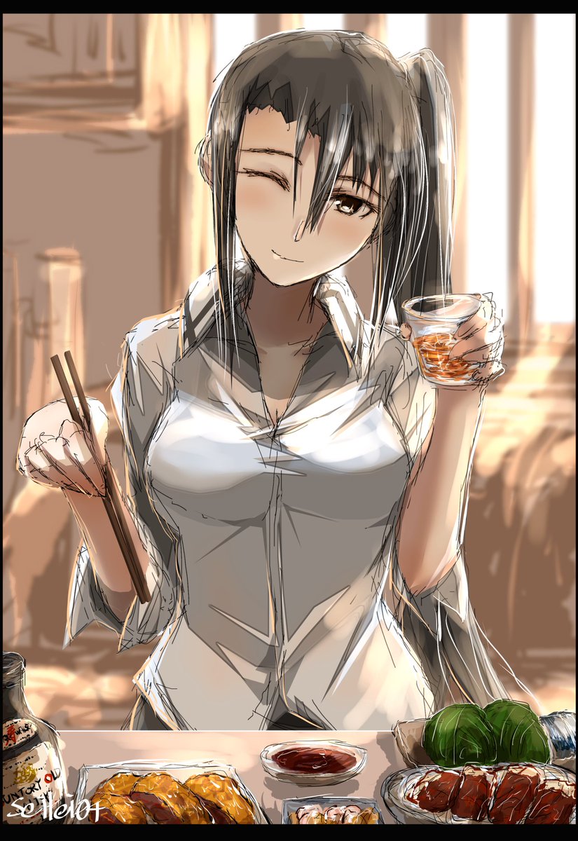 nachi (kancolle) 1girl solo one eye closed chopsticks side ponytail long hair black hair  illustration images