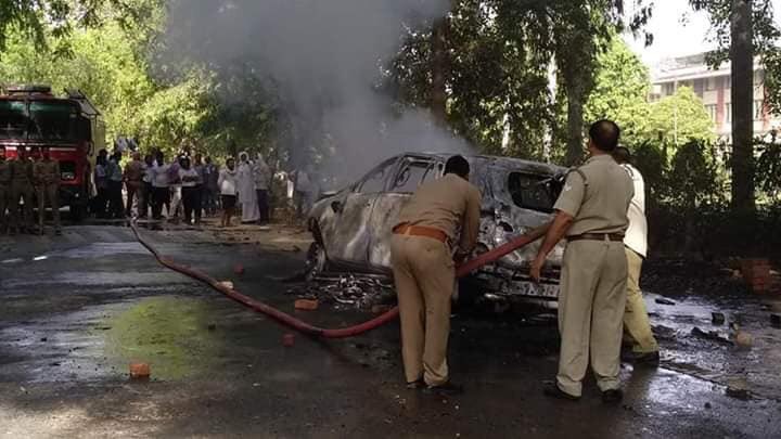 #Breaking 

A high speed car bearing BJP flag crushed two BHU students inside the campus today. The injured students, a boy &amp; a girl, are recuperating at the hospital.

Angry students torched the vehicle UP65DH6550