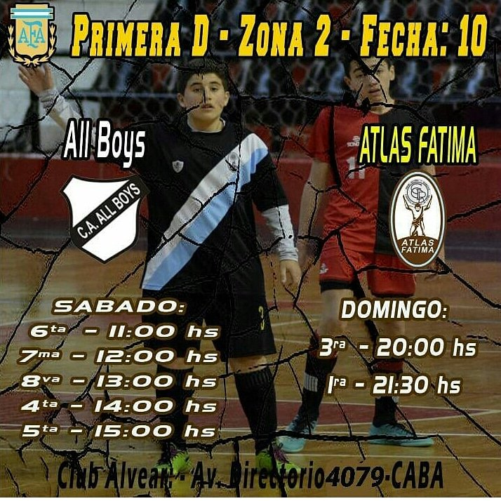 #AtlasFutsal 
#AllBoys vs #Atlas
El sábado 15 de junio desde las 11 horas juegan 6°, 7°, 8°, 5° y 4°.
El domingo 16 de junio desde las 20 horas, jugarán la 3° y 1° de #AtlasFatima 
Todos jugarán en el #ClubAlvear

#Fecha10 #Zona2 #PrimeraD #AfaFutsal
#VamosGuerreros #VamosAtlas