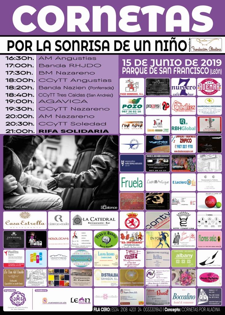 Recuerda que hoy tienes una cita:
#cornetasporlasonrisadeunniño a beneficio de <a href="/FundAladina/">Fundación Aladina</a> 
📍Parque de San Francisco
🕟 A partir de las 16:30 horas
#leonesp