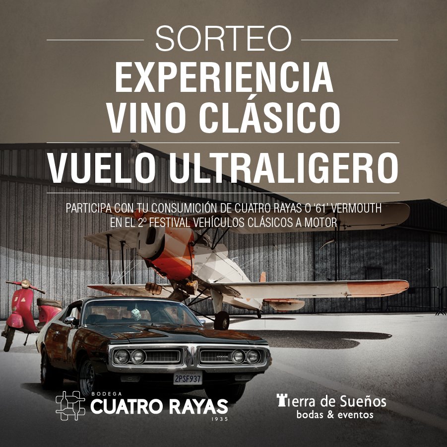 Bodega Cuatro Rayas (@cuatrorayas) on Twitter photo Al pedir Cuatro Rayas o ‘61’ Vermouth Verdejo en el 2º Festival Clásicos a Motor, entrarás en el sorteo de:
-Experiencia Vino Clásico.
-Vuelo en Ultraligero para una persona.
¡Mucha suerte!
➡️23 de junio, #AeródromoMatilla <a href="/tdseventos/">TDS BODAS Y EVENTOS</a> Al pedir Cuatro Rayas o ‘61’ Vermouth Verdejo en el 2º Festival Clásicos a Motor, entrarás en el sorteo de:
-Experiencia Vino Clásico.
-Vuelo en Ultraligero para una persona.
¡Mucha suerte!
➡️23 de junio, #AeródromoMatilla <a href="/tdseventos/">TDS BODAS Y EVENTOS</a>
