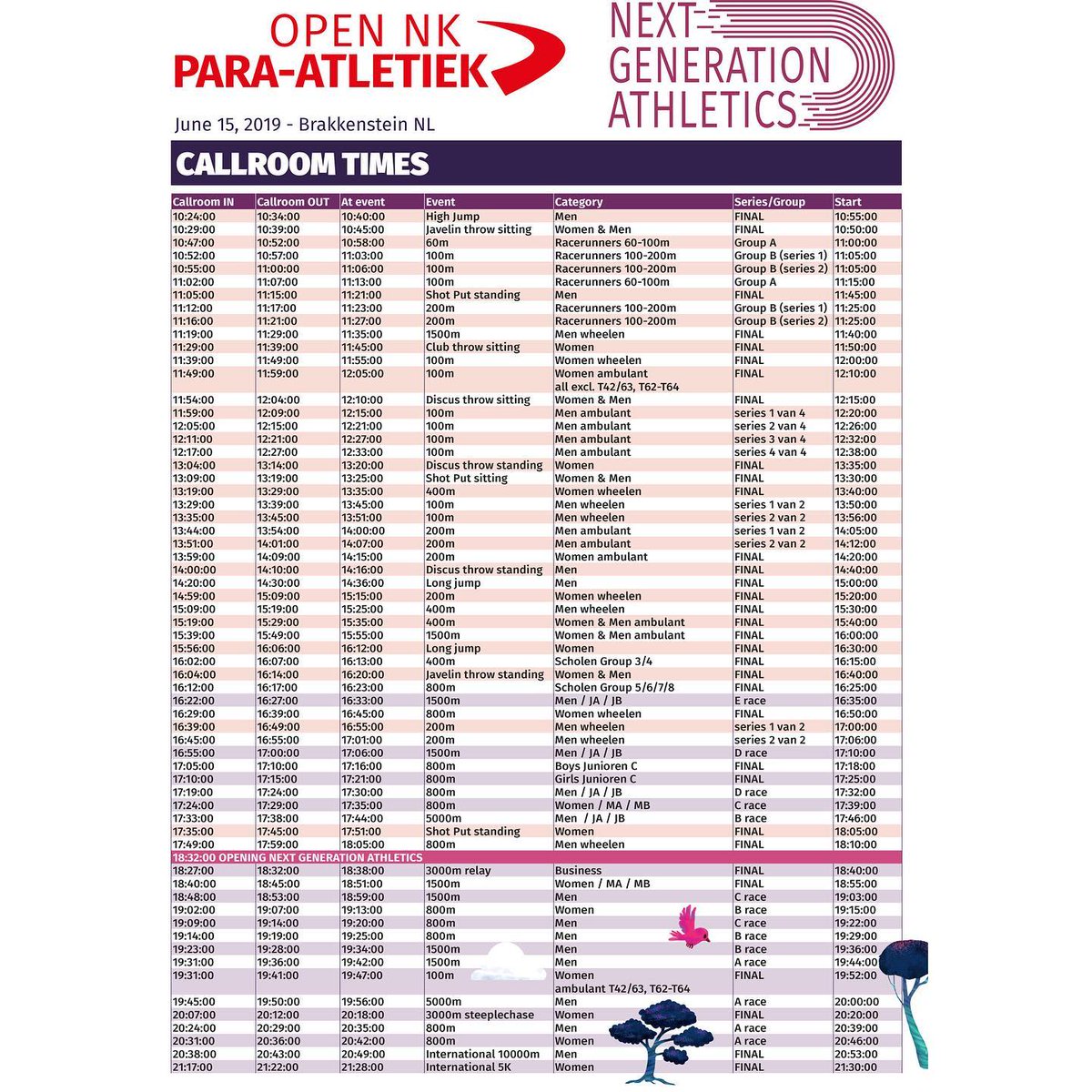 PROGRAM | Coming to ONK Para Atletiek today &amp; #NGA2019 tonight? Save/screenshot this image to your phone and make sure to be on time to support your favorite athletes!

Forgot to save? Find #NGA2019's program on nextgenerationathletics.nl