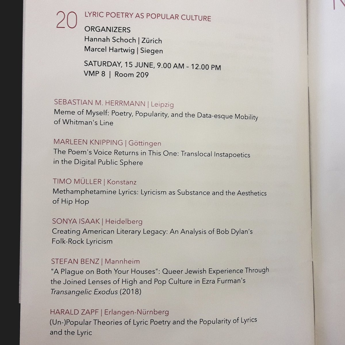 Judith_Rauscher's tweet photo. Greatly enjoyed today's conference workshop on "Lyric Poetry as Popular Culture", but especially @MarleenKnipping's talk on translocal Instapoetics and @StefanBenz6 's talk on the queer Jewish utopia of @ezrafurman 's "Transangelic Exodus"! #dgfa19 https://t.co/yJvzRUt9uS