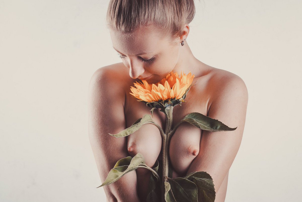 Erotic Woman Lying Grass Bouquet Flowers Stock Photo