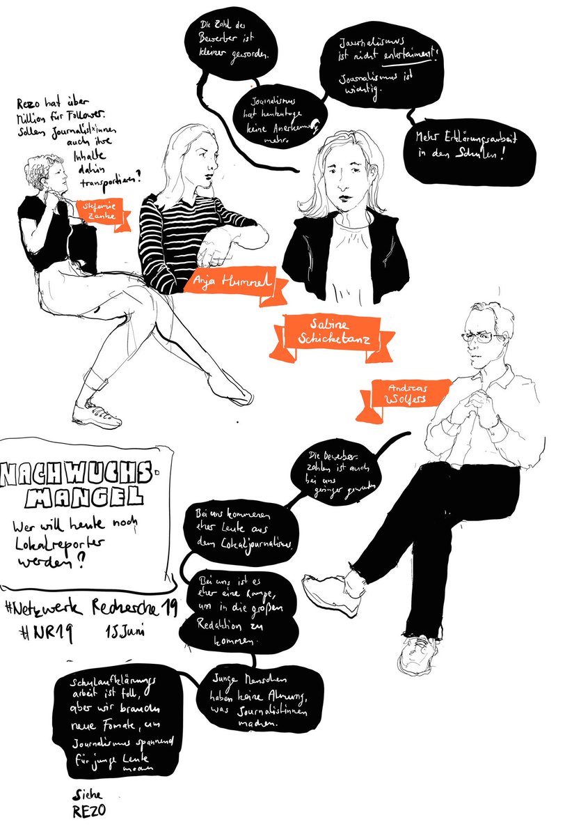 philninh's tweet photo. Nachwuchsmangel - Wer will heute noch Lokalreporter werden? @S_Schicketanz,  @anjaalemania, Stefanie Zenke und Andreas Wolfes #nr19 #sketchnote https://t.co/XhYaz5y6t3