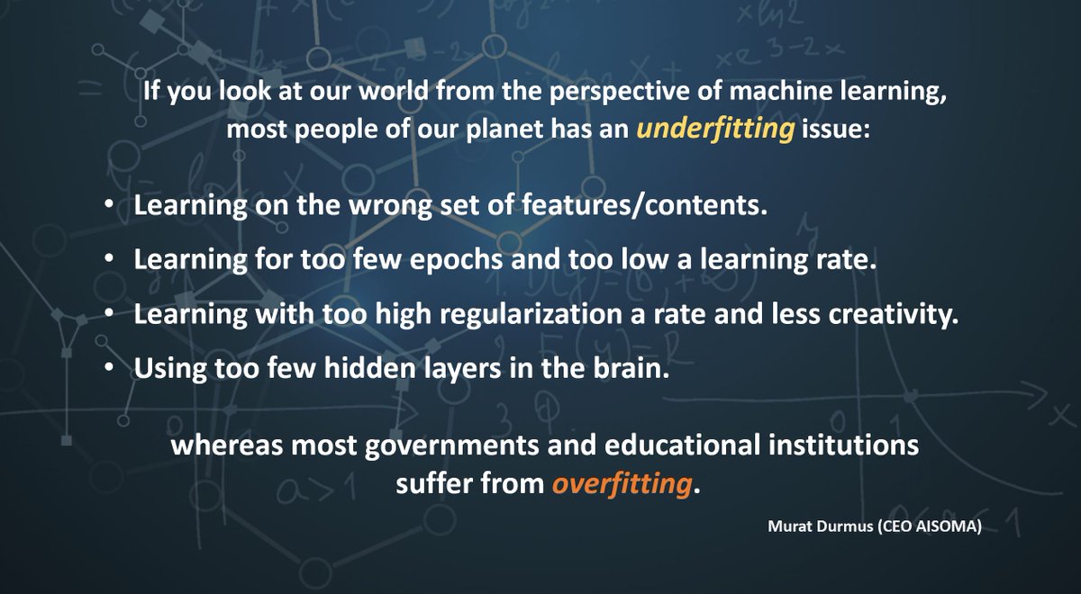 CEO_AISOMA's tweet image. If you look at our #world from the perspective of #machinelearning ...

#overfitting #underfitting #Government #humanity #Education #CommonSense #AI

@MikeQuindazzi @mvollmer1 @terence_mills @antgrasso @grattonboy @grattongirl @AkwyZ @jose_garde @DiegoKuonen @jblefevre60