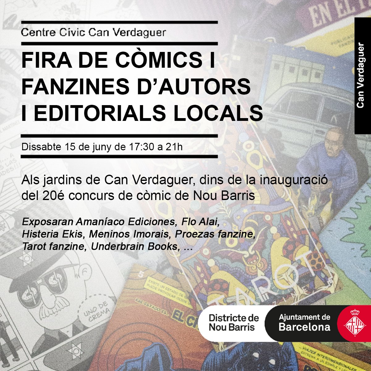 Ohcomicsfest's tweet photo. ¡Hoy! Fira de còmics i fanzines d'autors i editorials locals, de 12:30 a 21h en @CanVerdaguer entrada gratuita
https://t.co/2legOMUnl0
#cómic #fanzines #barcelona #wedraw3 #capdesetmana #Quèfem? #agenda #activitatsculturals #oci https://t.co/yWS3ObLeN9