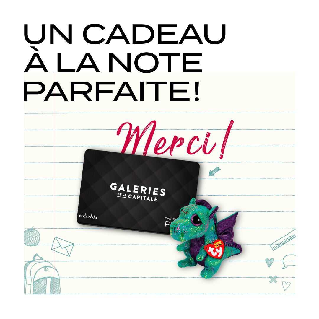 En collaboration avec la boutique Griffon, les Galeries vous offrent un joli toutou dragon Beanie Boo’s à l’achat d’une carte-cadeau Galeries de 50 $ et plus.

Dès lundi, offrez un cadeau à la note parfaite et faites plaisir au prof ET à votre enfant en même temps! :)