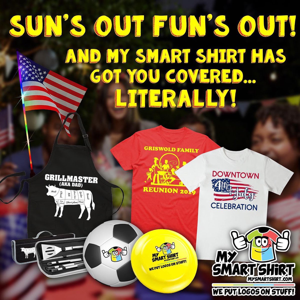 MySmartShirt's tweet photo. Happy Saturday!! โ๏ธ๐บ๐ธ โฃ
#MySmartShirt #WePutLogosOnStuff #summer #friday #logo #logos #logodesign #tshirt #shirt #shirts #flag #flagday #usa #summertime #hat #hats #promotions #promotion #promotional #promotionalproducts #friday #weekends #weekend #orlando #glorida #americanflag https://t.co/TsgfaMeTo4