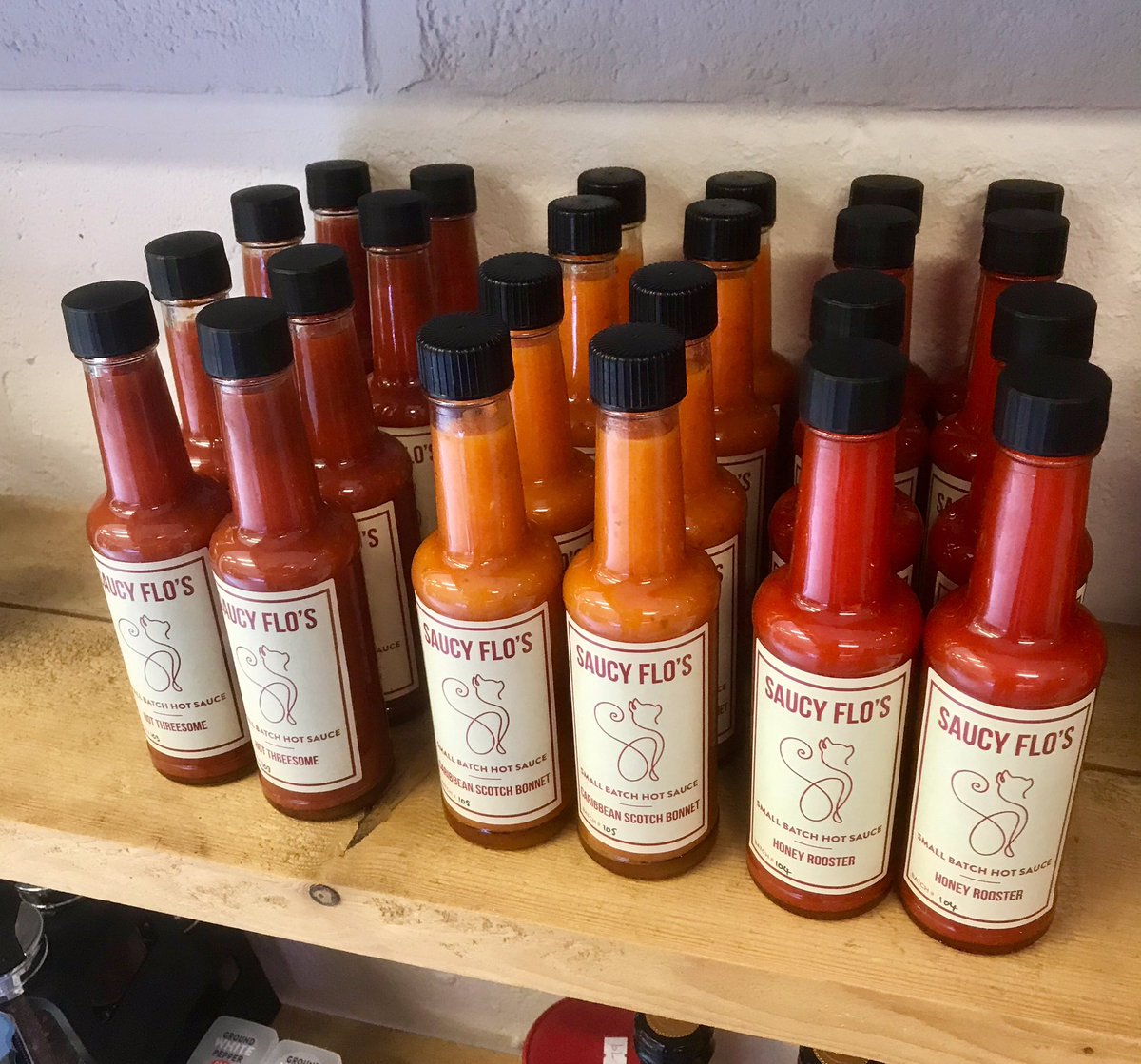 First batches of <a href="/SaucyFlos/">SaucyFlo</a> hot sauce, now on sale at Worgan’s Farm Shop, Frog Lane, Bishopsbourne.