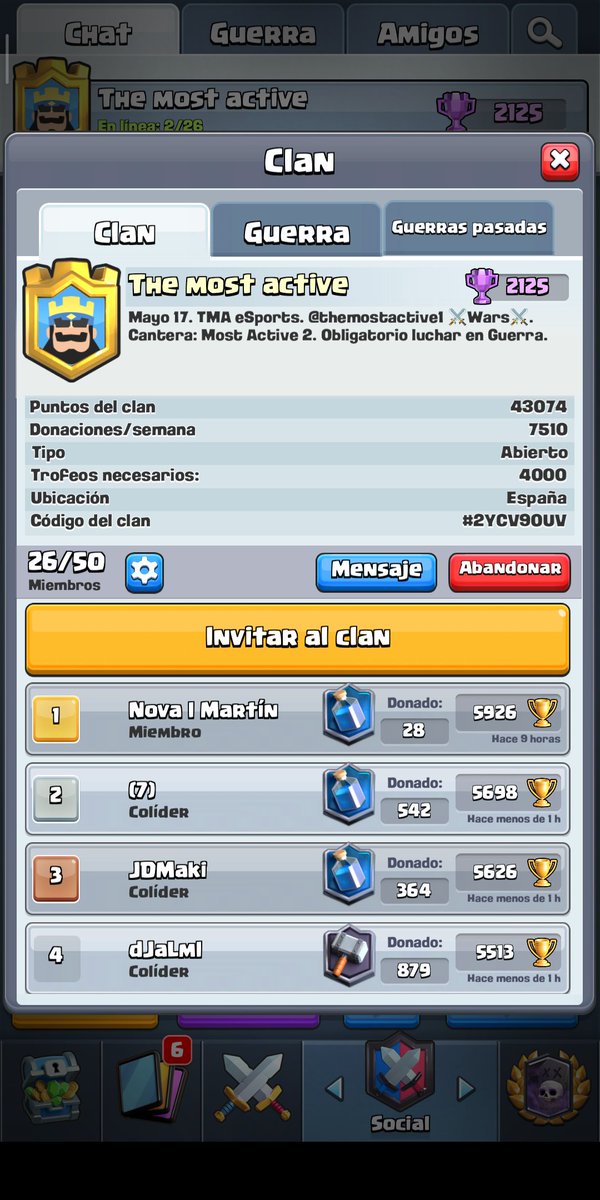 Estamos buscando jugadores activos y serios. En tan solo 5 días mitad de clan. A qué esperas para unirte y ayudar a subir a legendaria! RT👆 se agradece gracias.