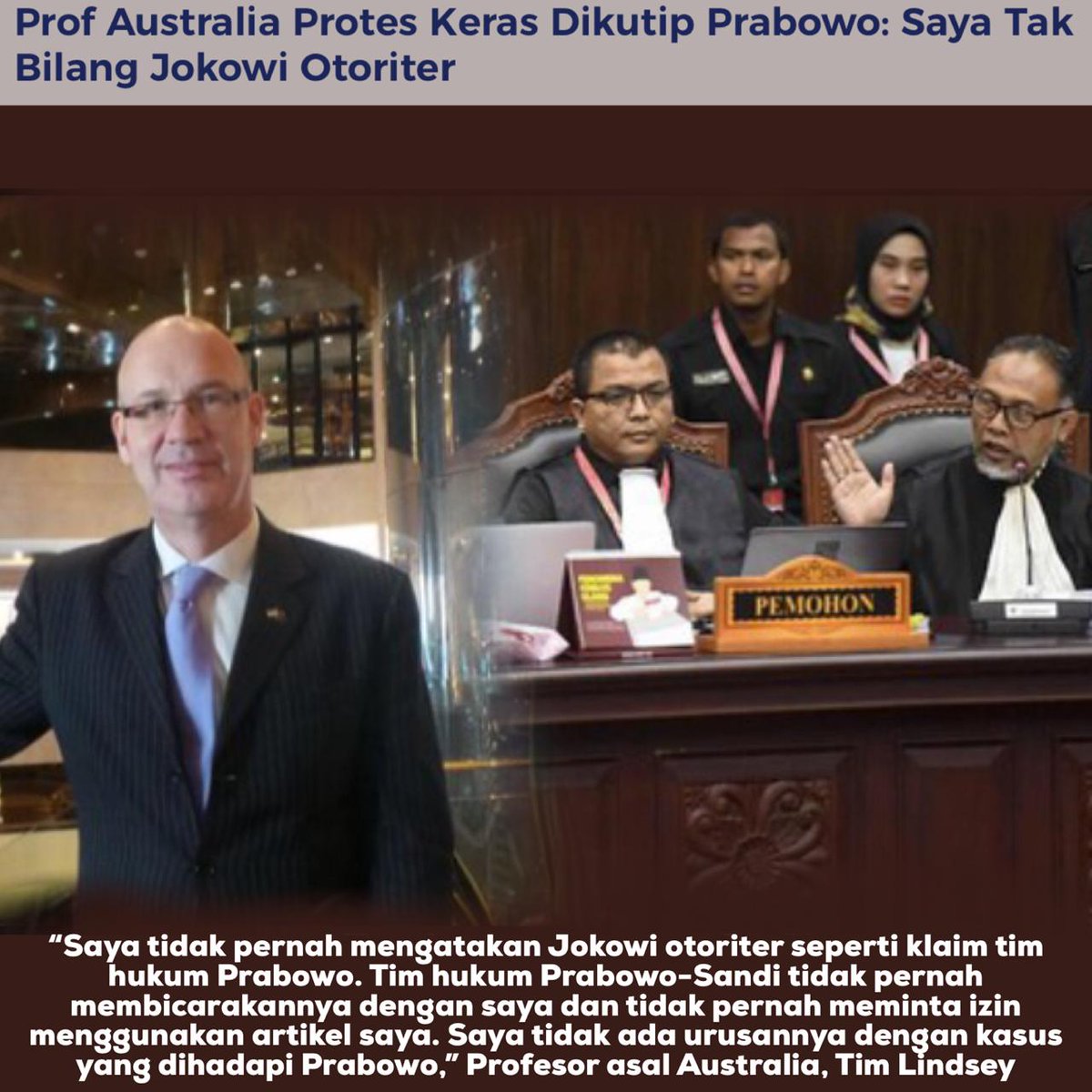 ragi_arh's tweet photo. Prof Australia protes keras dikutip Prabowo : saya tidak bilang Jokowi otoriter.

#DukungKPU #JanganRusuhJagaIndonesia #JanganRusuhLagi #JanganBeriRuanguntukMakar #KawalSidangMKDenganDamai #MKAdil_IndonesiaUtuh https://t.co/rtSdMjfAPI