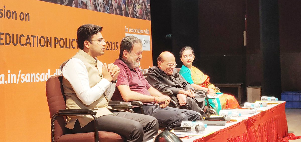 ThinkersForums's tweet photo. Member of drafting committee of National Educational Policy-2019 Dr MK Sridhar, Entrepreneur TV Mohandas Pai, Educationist Dr Rupa Vasudevan @V_Rupa, MP @Tejasvi_Surya speaks at discussion on National Education Policy at a housefull gathering at RV Teachers College, Bengaluru. https://t.co/2zXz8BzCd0