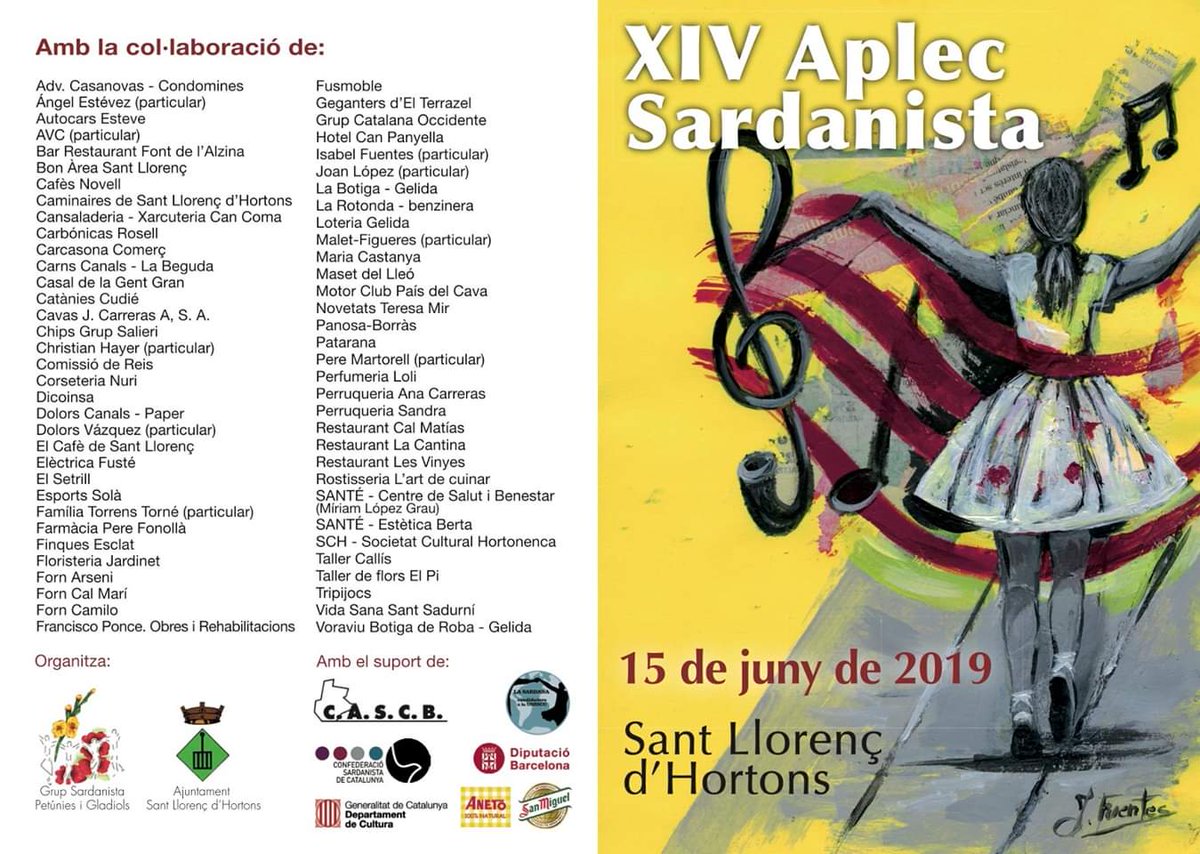 Bon dia amics i amigues!
Avui ens podreu trobar al XIVè #aplec de Sant Llorenç d'Hortons, acompanyats dels companys i amics de la <a href="/CoblaSantJordi/">Cobla Sant Jordi - Ciutat de Barcelona</a>. Comencem a les 18, us hi esperem a tots!

@conf_sardanista <a href="/SardanesInfo/">Sardanes Info</a>