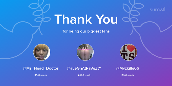 Our biggest fans this week: Ms_Head_Doctor, aLeGnAtRaVeZtY, Myzkille66. Thank you! via https://t.co/MQbZ2Va1B6
