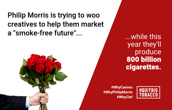 QuitBigTobacco's tweet photo. Philip Morris is at the #CannesLions to lure creative talent for their “smoke-free” initiative. But it's a guise - they just launched a new cigarette brand this year. Creatives, do you really want to do big tobacco’s dirty work? #WhyCannes #WhyPhilipMorris https://t.co/jHrB5NlW50 https://t.co/MOmo8oYR9O