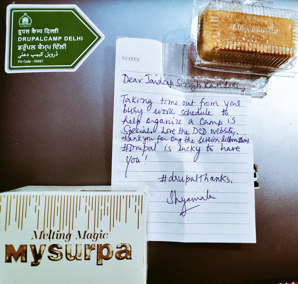 JayKandari's tweet photo. How beautiful this is. 😍💞🙌 
Thank you so much @shyam_raj mam. 👏 #drupalthanks #DCD19 @DrupalCampDelhi #mysurpa 😋😊 https://t.co/oabSuJizUk