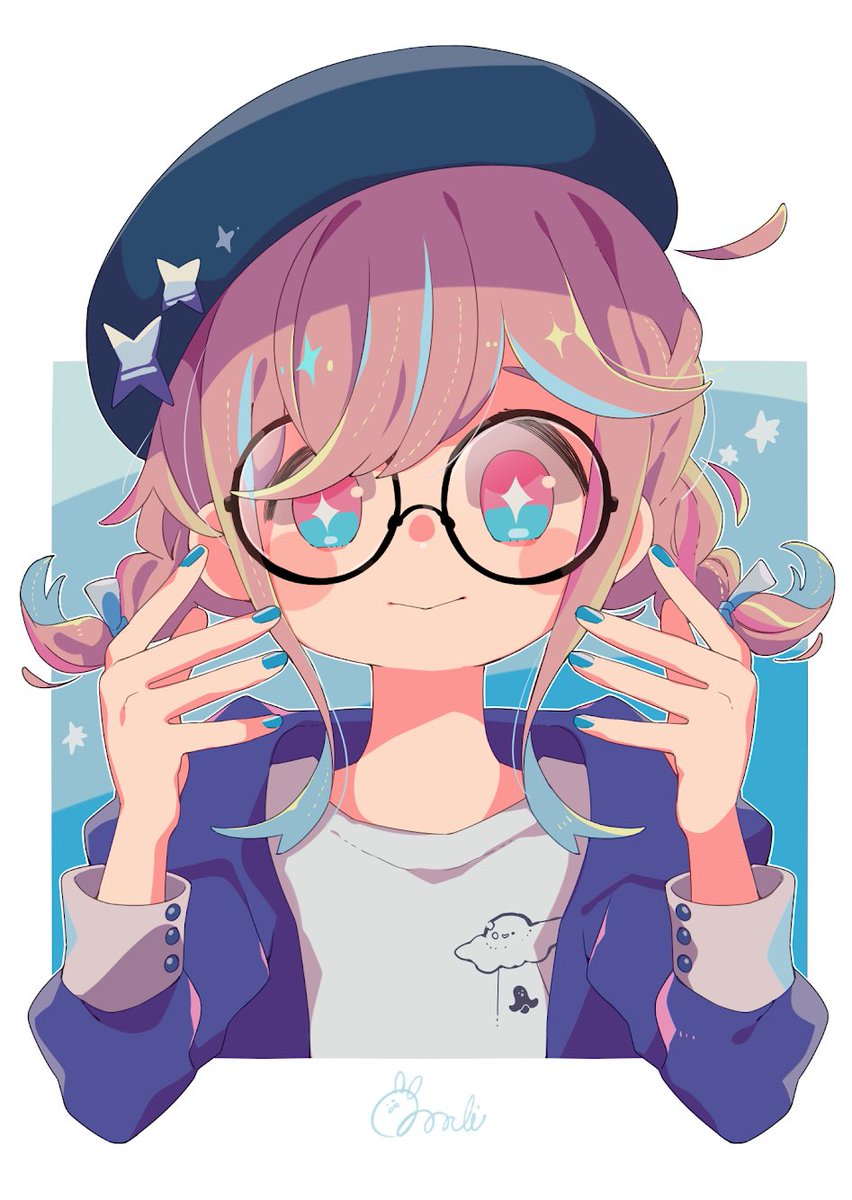 1girl solo glasses hat braid twin braids beret  illustration images