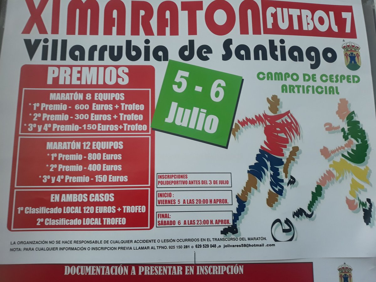 <a href="/DeporteCLM/">Deporte CLM</a> buenas tardes. A ver si podéis hacerme retweet. Maraton de fútbol 7 en Villarrubia de santiago los sías 5 y 6 de julio. Un saludo
