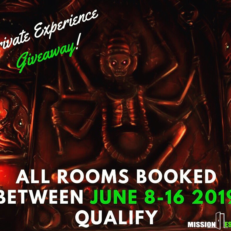mission__escape's tweet photo. DON'T MISS YOUR OPPORTUNITY TO QUALIFY FOR A CHANCE TO WIN A FREE PRIVATE EXPERIENCE AT #MISSIONESCAPE!  Book any room between June 8th - 16th, 2019 for a chance to win a FREE private experience to our NEW ROOM at Mission Escape Rooms - Waugh Chapel! Conditions apply. https://t.co/TJd7IteviE