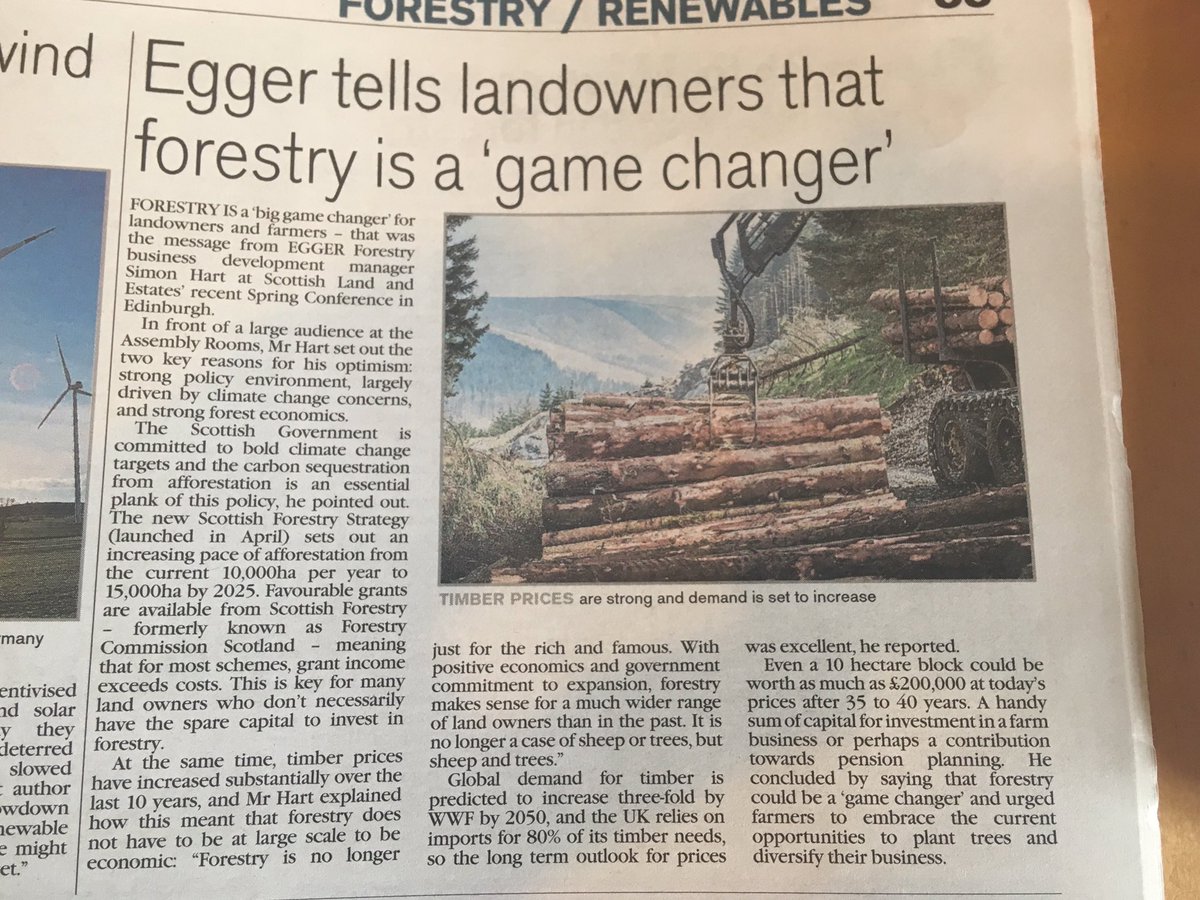 Good forestry section in @scottishfarmer this week. @EGGER_UK looking forward to @The_RHASS next week. Come and see us, and talk about all things forestry!