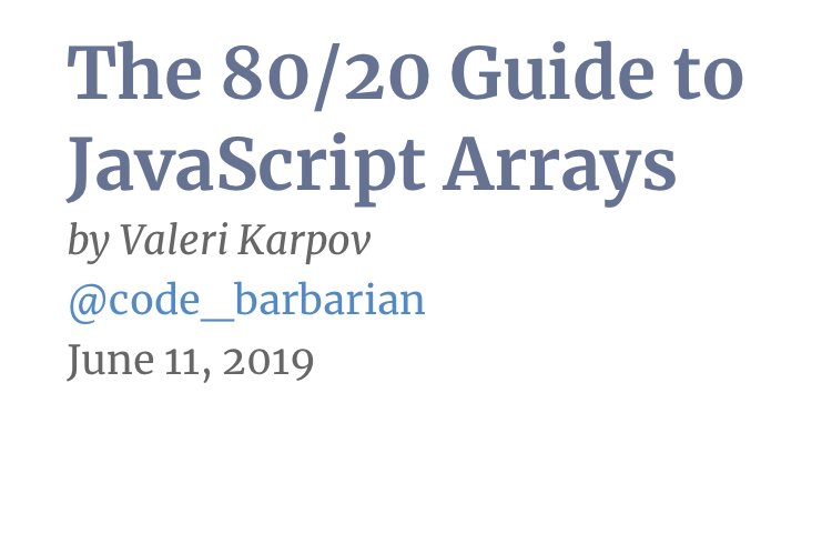 LTCWSam's tweet image. “JavaScript arrays are an essential part of the language. Fundamentally, an array is a value that stores an ordered list of other values. But JavaScript arrays come with…” @code_barbarian Great article on arrays! 
#javascript #webdeloper #programing 
thecodebarbarian.com/the-80-20-guid…