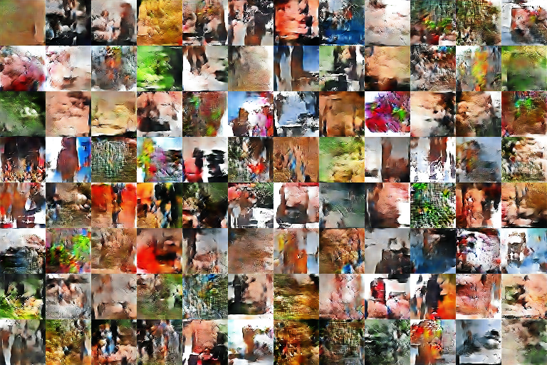 Local_Minimum's tweet photo. The AI is at least figuring out the colors, and some of the textures, slightly hinting shapes, but if you don't know what the image search keyword was that collected the training image you would never guess. https://t.co/V0oAA5oV1z