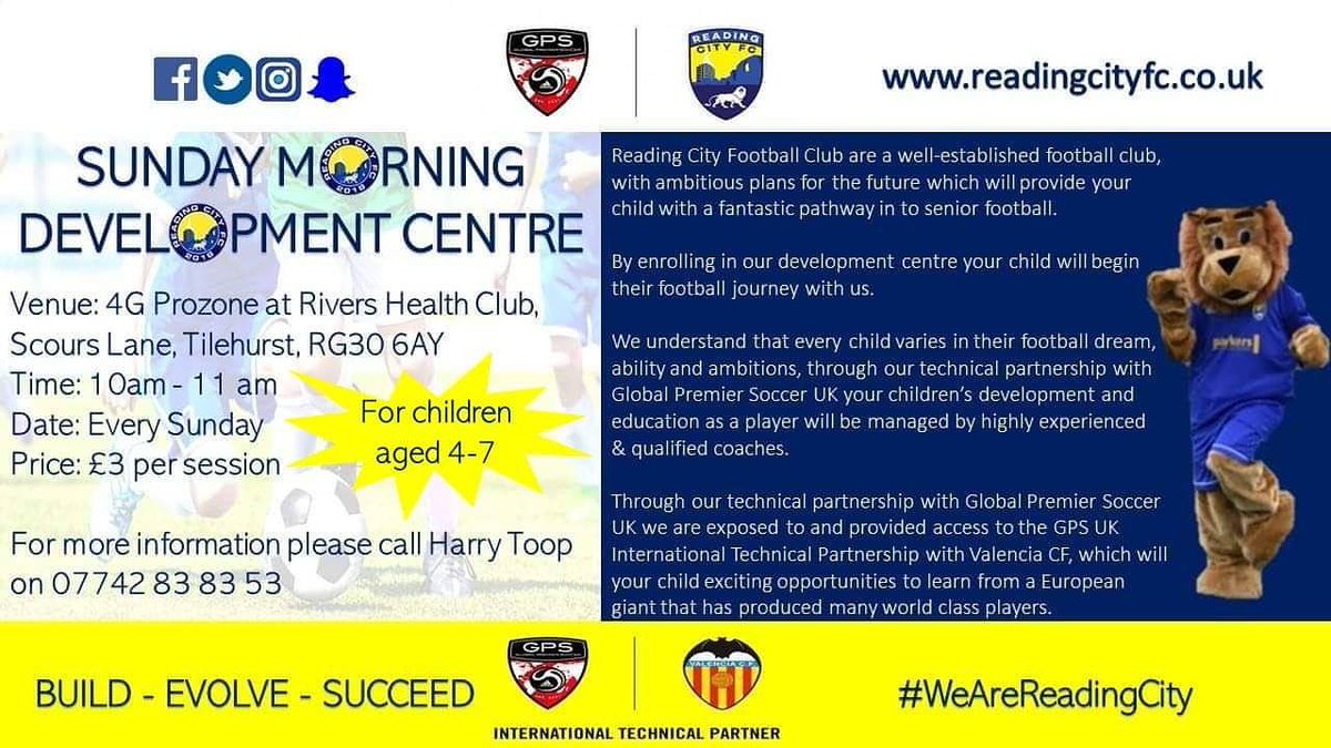 ReadingCityFC's tweet image. If your children are looking to get in to football ⚽ then come along to our development centre, delivered by Harry Toop between 10-11am tomorrow at Rivers Health Club, Scours Lane. 

Just turn up and pay on arrival, if you have any questions 📞 Harry on  07742 83 83 53. 
#rdguk