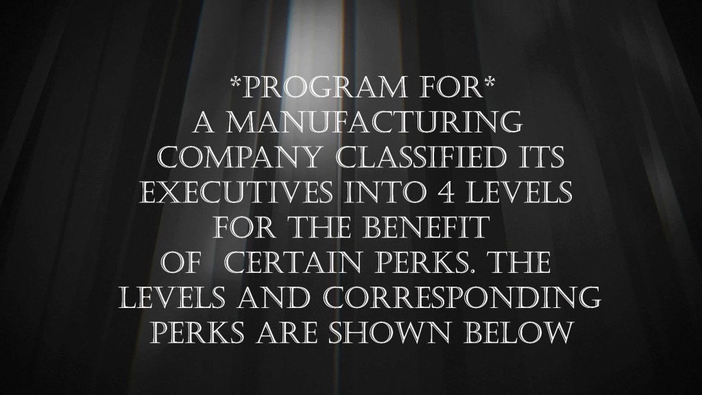 AlgorithmAll's tweet image. A manufacturing company classified its executives into 4 levels for the benefit of certain perks. The levels and corresponding perks are shown below: …programmingandalgorithm.wordpress.com/2019/06/15/a-m…