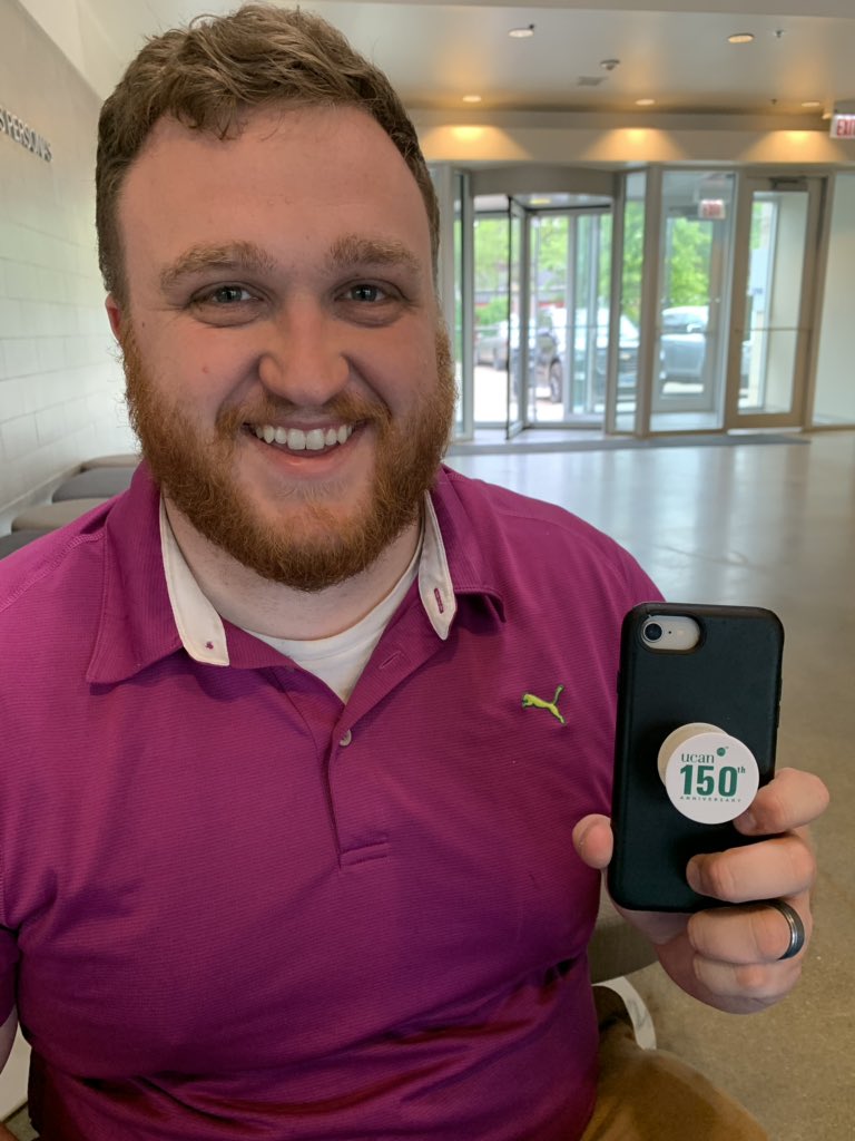 UCANchicago's tweet photo. Catching the 150th anniversary spirit in action! Zach Mundy of @SafeFamPLUS repping our swag this morning. Get involved and get your own. #UCAN150 https://t.co/uIJ83Dtj6o