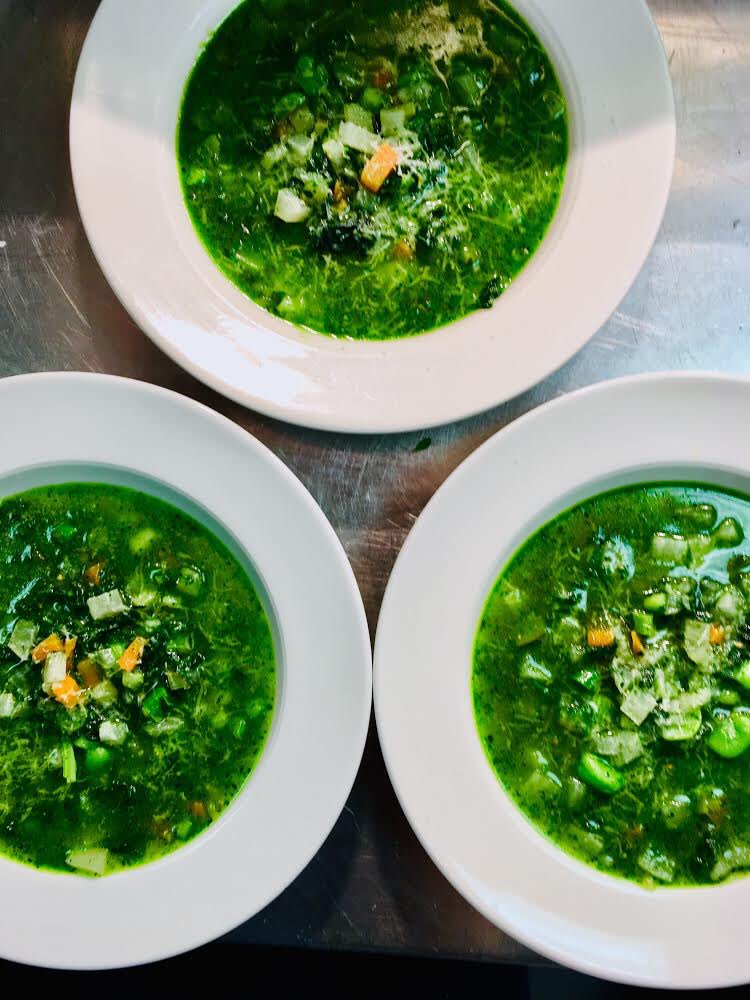 Verdant Summer Vegetable and Herb Soup, served with a little Sheep’s Cheese
