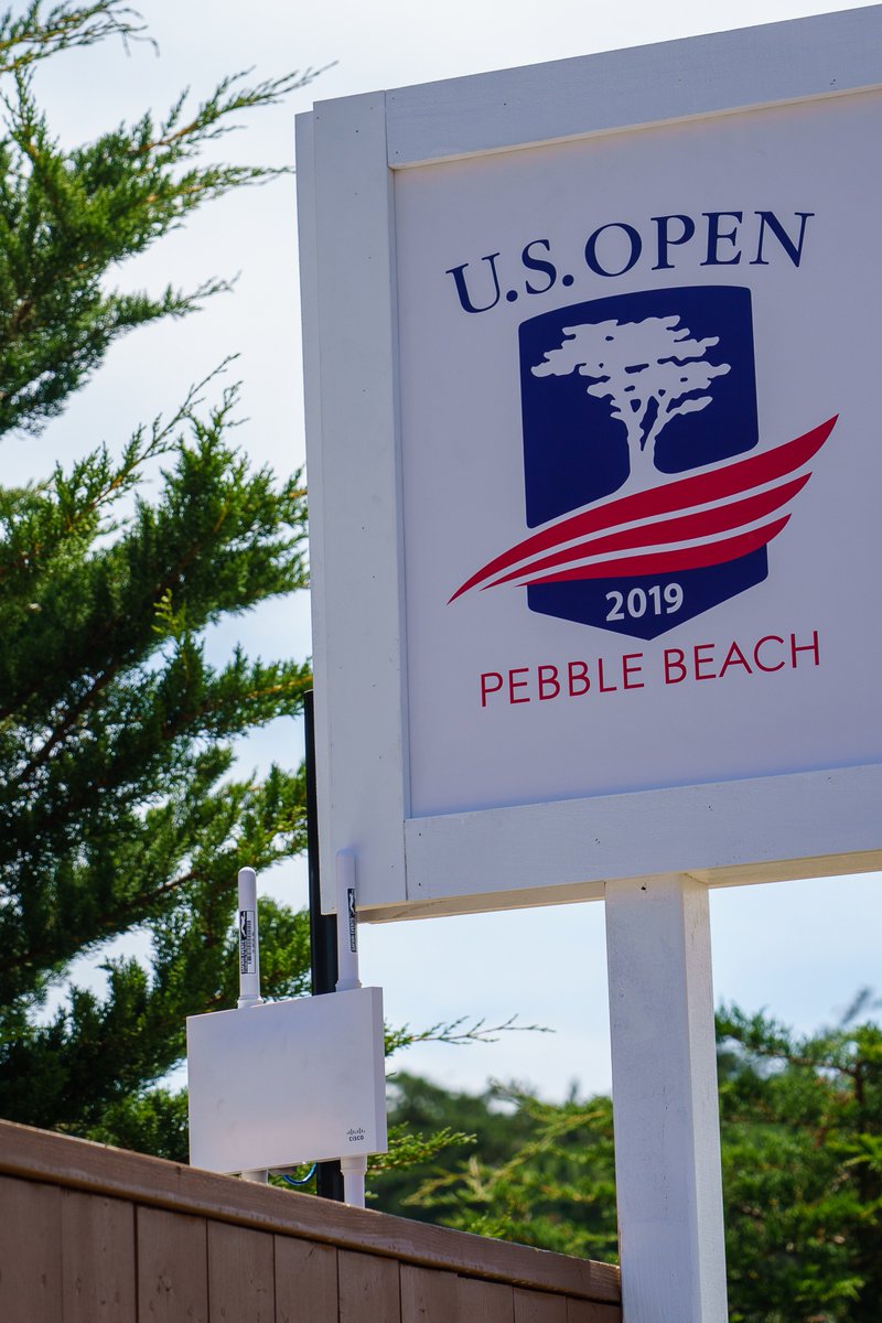Cisco's tweet image. It&apos;s a @Cisco team effort at @USOpenGolf, with #Webex, #CiscoVision, #CiscoMeraki and more combining to create the most connected U.S. Open ever. Check out our technology in action this week at Pebble Beach.