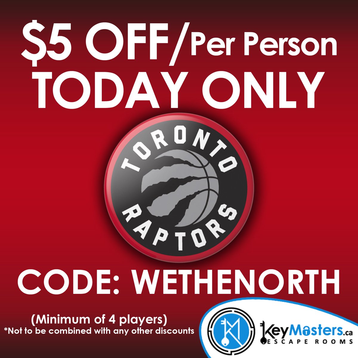 KeyMasters_ca's tweet image. $5 OFF/per person (TODAY ONLY)
Code: WETHENORTH
KeyMasters.ca