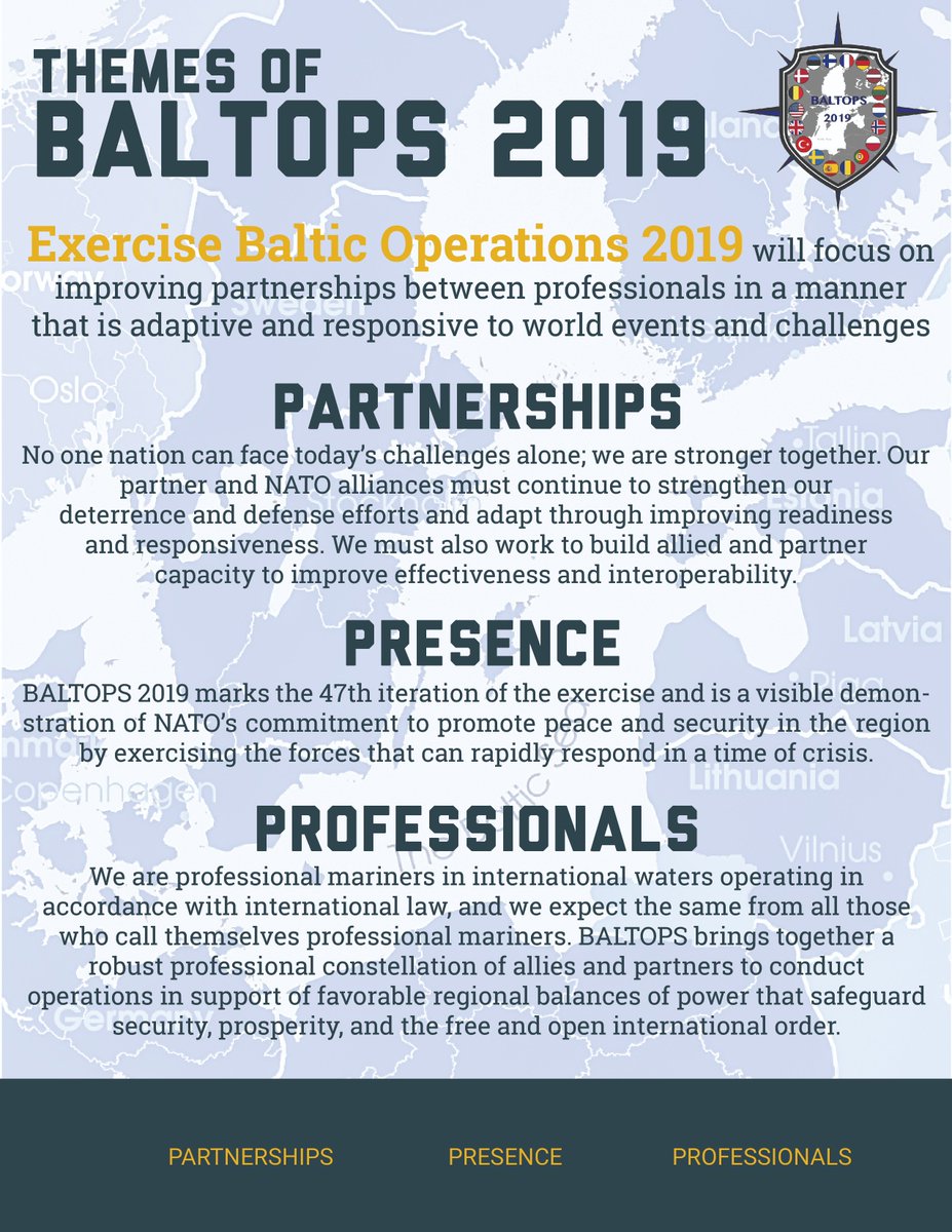 🇧🇪🇩🇰🇪🇪🇫🇷🇩🇪🇱🇻🇱🇹🇳🇱🇳🇴🇵🇱🇵🇹🇷🇴🇪🇸🇹🇷🇬🇧🇺🇸🇫🇮🇸🇪
Our standing principles of #Partners #Presence and #Professionals ensure the #ReadyForces of our allied and partner nations are promoting peace and stability in the region. #BALTOPS2019.