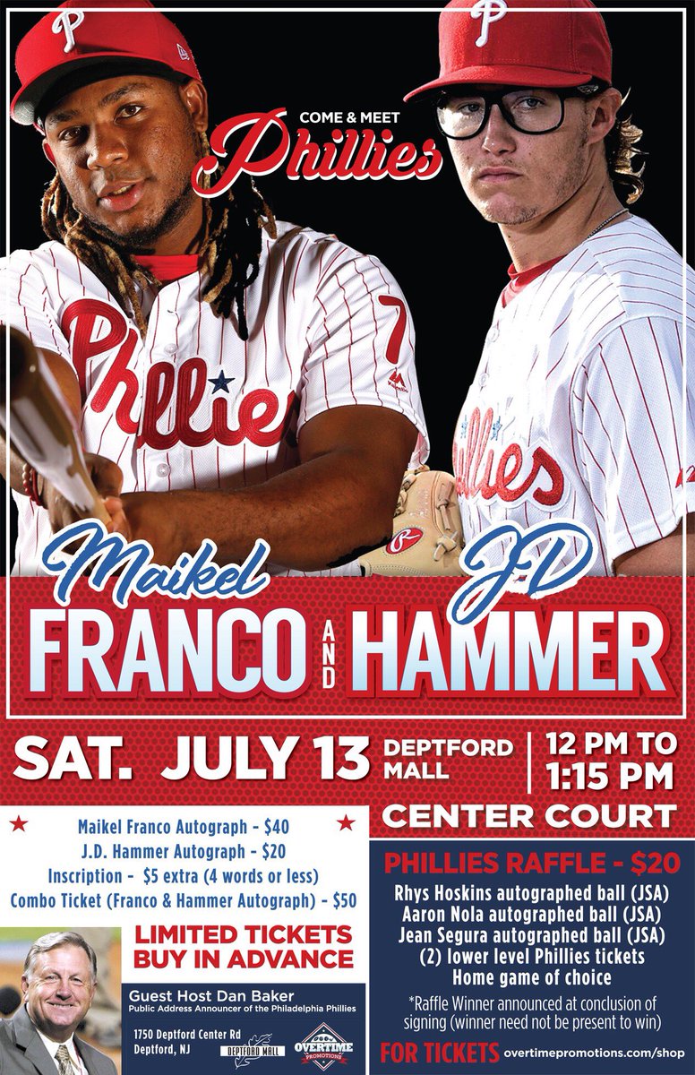 Come Meet Phillies <a href="/MaikelFranco7/">Maikel Franco</a> and <a href="/JDHAMMER11/">JD Hammer</a>  July 13th <a href="/DeptfordMall/">Deptford Mall</a> just added Phillies PA announcer <a href="/DanBakerPhils/">Dan Baker</a>  for tickets 
overtimepromotions.com